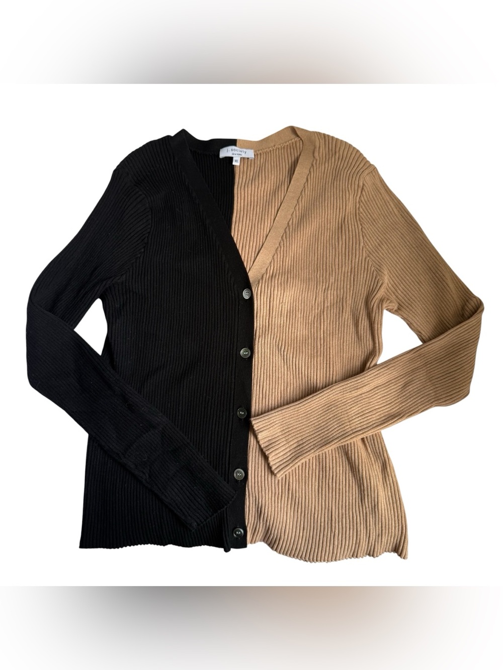 J. Society Black Tan Two Toned Colorblock Ribbed Knit Cardigan Womens XL